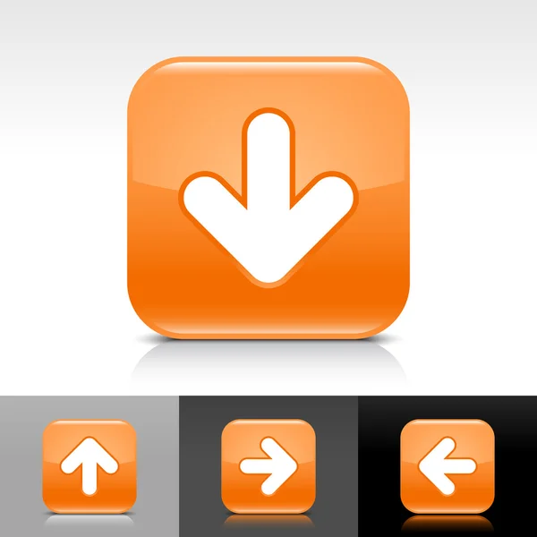 Bouton web brillant orange avec signe de flèche blanche — Image vectorielle