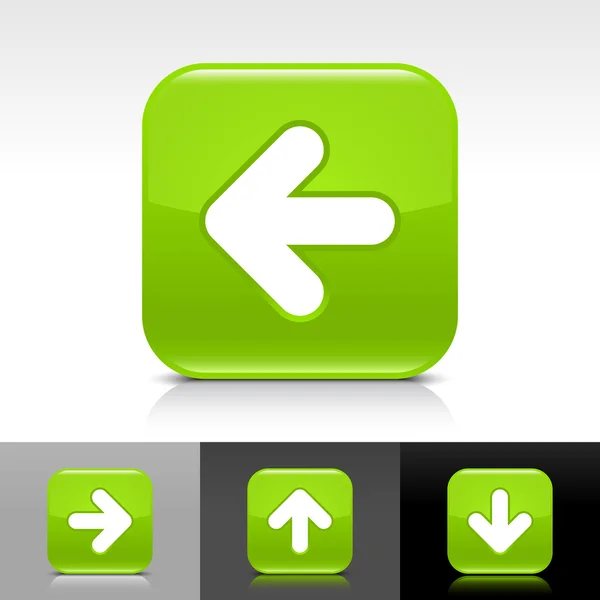 Verde botón web brillante con el signo de flecha blanca — Vector de stock