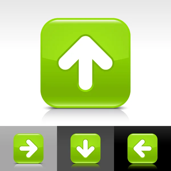 Verde botón web brillante con el signo de flecha blanca — Vector de stock