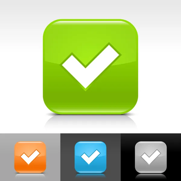 Verde, naranja, azul, gris botón web brillante con signo de marca de verificación negro . — Vector de stock