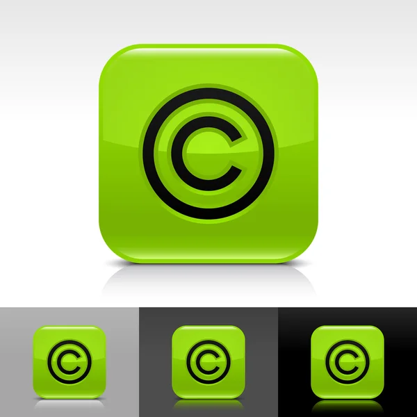 Bouton web vert brillant avec signe de copyright noir — Image vectorielle