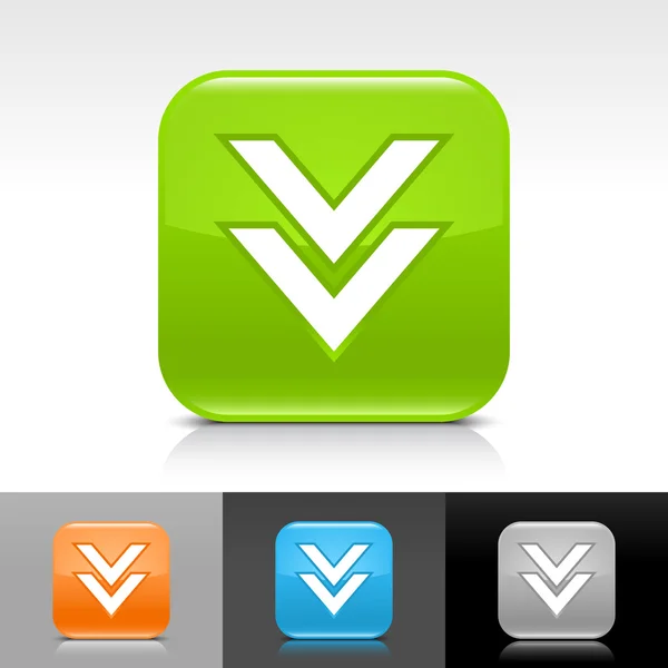 Zielony, pomarańczowy, niebieski i szary WWW błyszczący przyciski z białą strzałką Pobierz znak — Wektor stockowy