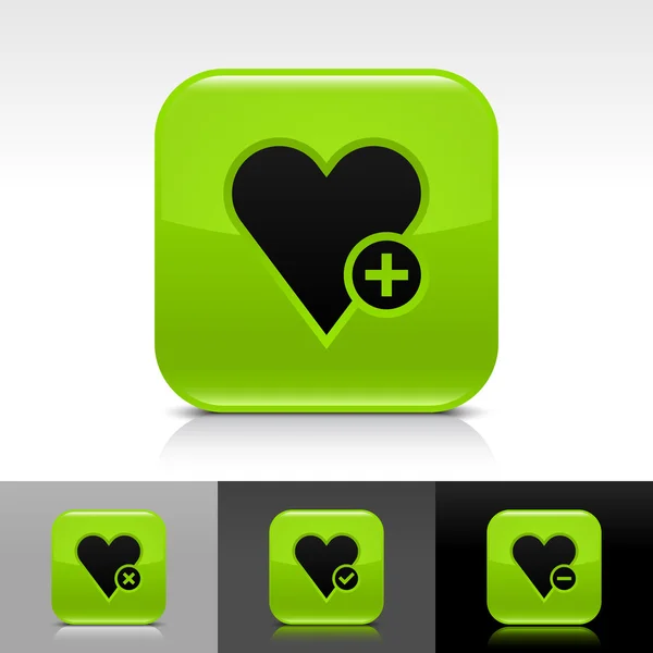 Green glossy web internet button with black heart favourite icon web sign — Stock Vector