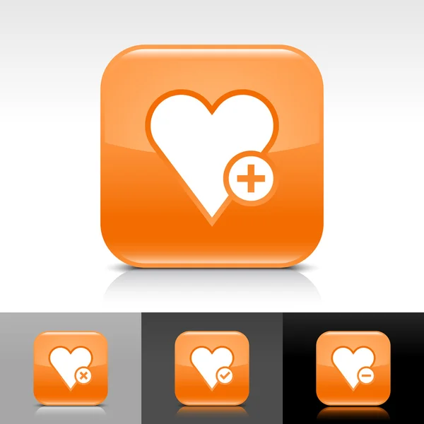 Orange glossy web internet button with white heart favourite icon web sign — 스톡 벡터