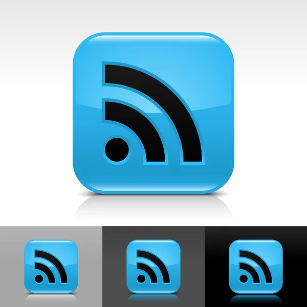 Синяя веб-кнопка с черным знаком RSS. Иконка округлой квадратной формы с отражением и тенью на белом, сером, черном фоне . — стоковый вектор