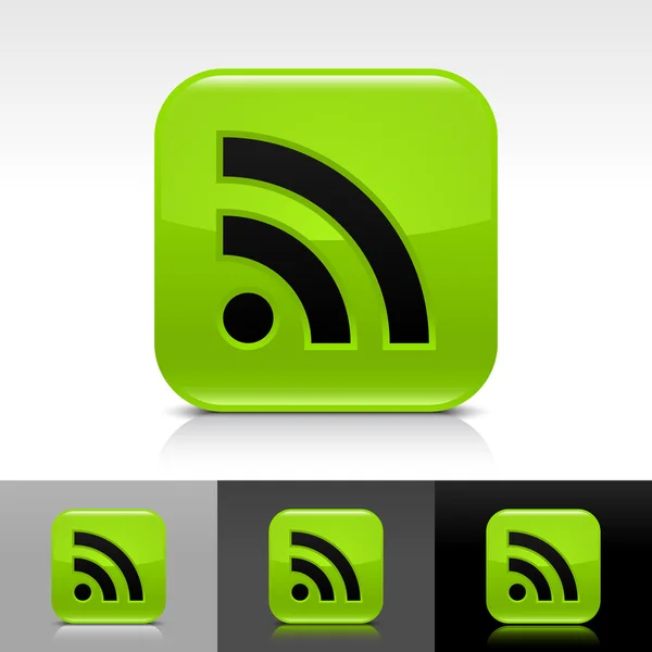 Verde botón web brillante con signo RSS negro. Icono redondeado de forma cuadrada con reflejo y sombra sobre fondo blanco, gris y negro . — Archivo Imágenes Vectoriales