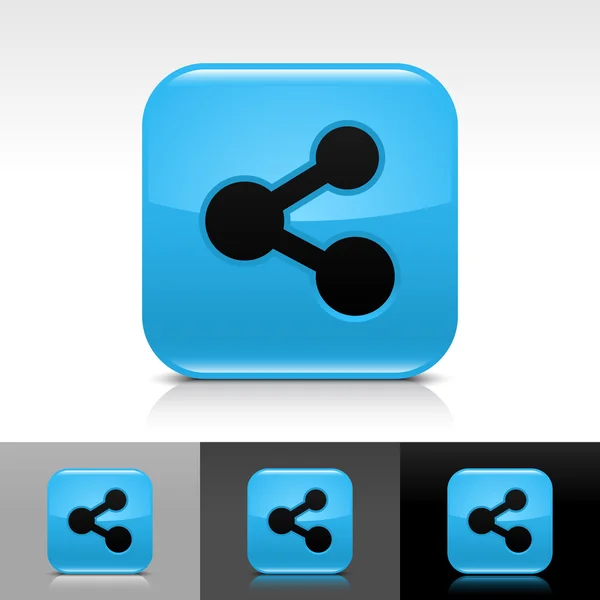 Botão azul brilhante com sinal de compartilhamento preto. Ícone de forma quadrada arredondada com reflexão, sombra em branco, cinza, fundos pretos . — Vetor de Stock