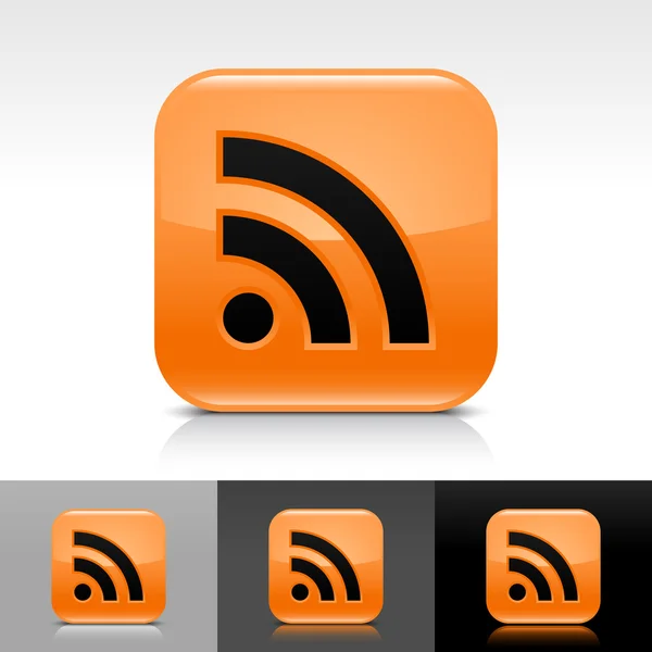 Botón web brillante naranja con signo RSS negro. Icono redondeado de forma cuadrada con reflejo y sombra sobre fondo blanco, gris y negro . — Archivo Imágenes Vectoriales