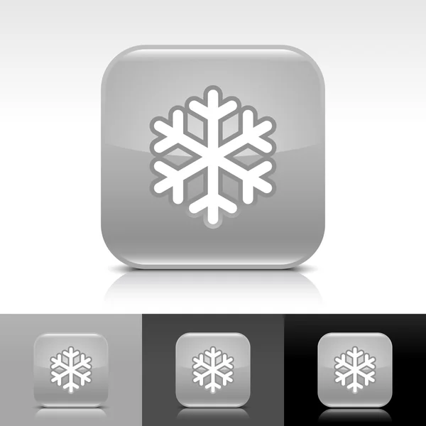 Szürke fényes web gomb-val alacsony hőmérsékletű fehér hópehely jele. lekerekített négyzet alakú ikon-val árnyék, tükröződés, fehér, szürke, fekete háttér. — Stock Vector