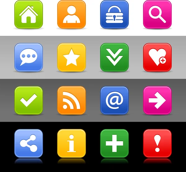 16 web-knap med grundlæggende tegn. Satin serie ikon. Afrundet firkantede former med skygge, refleksion. Grøn, orange, blå, gul, rød farve på hvid, sort, grå baggrunde. Vektorillustration 8 eps – Stock-vektor