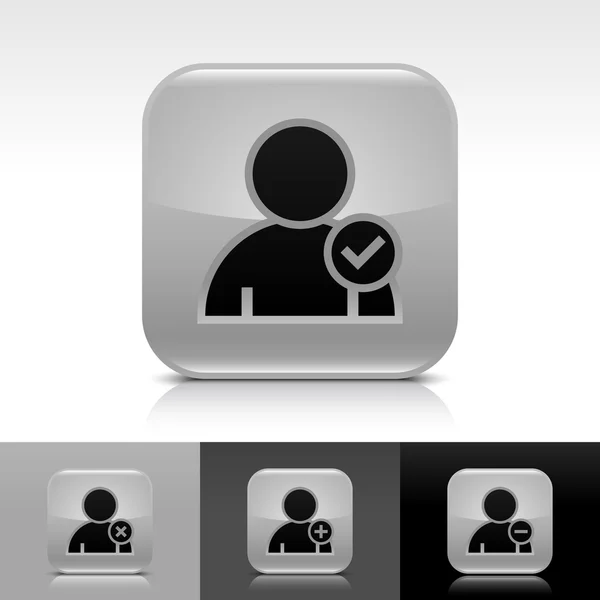 Šedý lesklý web tlačítko s černým uživatelského profilu znamení. zaoblený tvar ikona s odleskem, stín na bílé, šedé, černé pozadí s zaškrtnutí glyfů — Stockový vektor