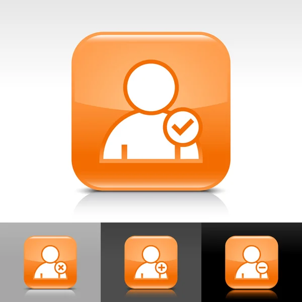 Botón web brillante naranja con signo de perfil de usuario blanco. Icono redondeado de forma cuadrada con reflejo, sombra sobre fondo blanco, gris, negro con glifo de marca de verificación — Archivo Imágenes Vectoriales