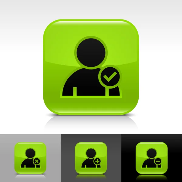 Зелена глянцева веб-кнопка з чорним знаком профілю користувача. Іконка округлої квадратної форми з відображенням, тінь на білому, сірому, чорному фоні з позначкою контрольної точки гліф — стоковий вектор