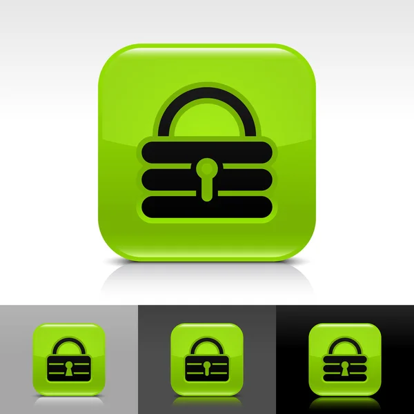 Kilit yeşil parlak web düğme siyah işareti ekleyin. Yuvarlatılmış Kare şeklin gölge ve yansıma beyaz, gri ve siyah arka plan üzerinde simgesiyle — Stok Vektör