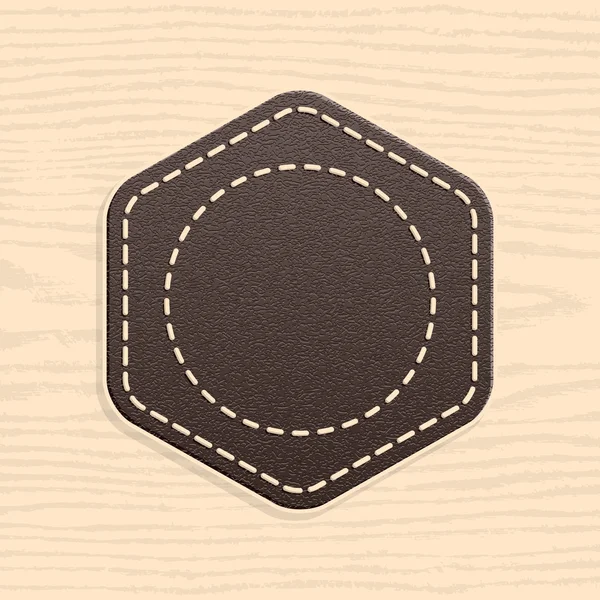 Blank leather badge in retro vintage style. Rounded hexagon shape on wood texture pattern background. Template Satisfaction Guaranteed and Premium Quality labels — Stock Vector