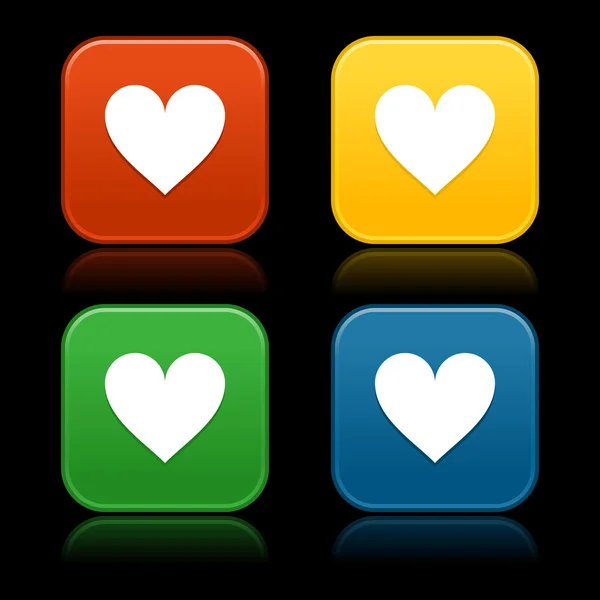 Glänzend farbige runde quadratische Knöpfe mit Herzzeichen mit Reflexion auf schwarzem Hintergrund — Stockvektor
