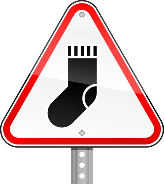 白の靴下のシンボルと赤注意警告サイン — ストックベクタ