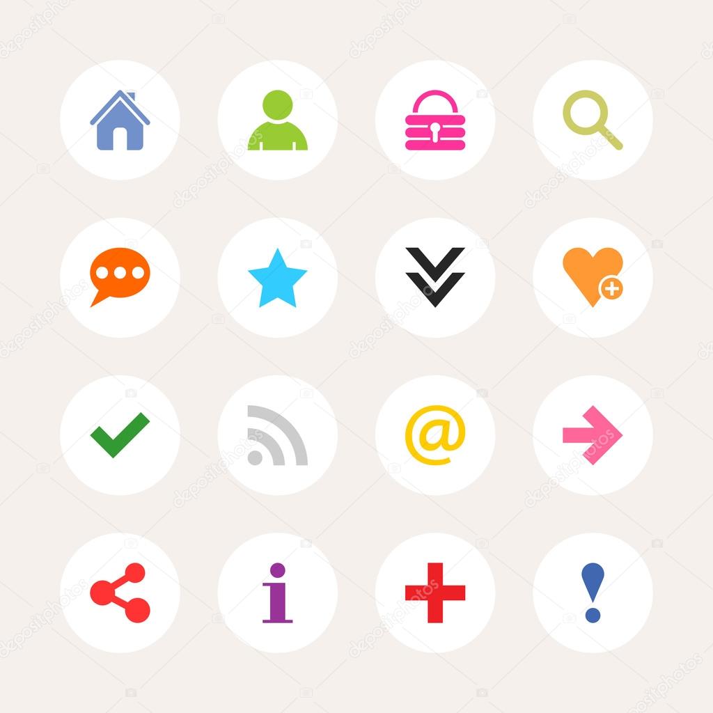 16 popular white icon with basic sign. Simple circle shape internet button on gray background.