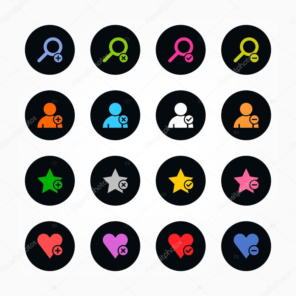 Loupe, user profile, star favorite, heart bookmark black icon with plus, delete, check mark and minus sign. 16 popular black circle shape internet button on white background.