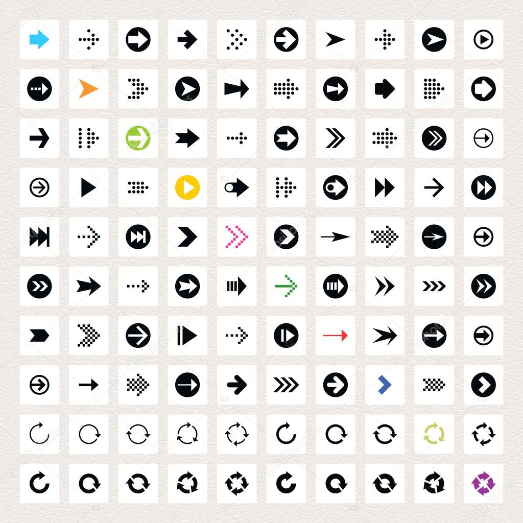 100 arrow sign icon set. Black pictogram on white circle shapes. Modern simple minimal, flat, solid, mono, monochrome, plain, contemporary style. Vector illustration web internet design element 8 eps