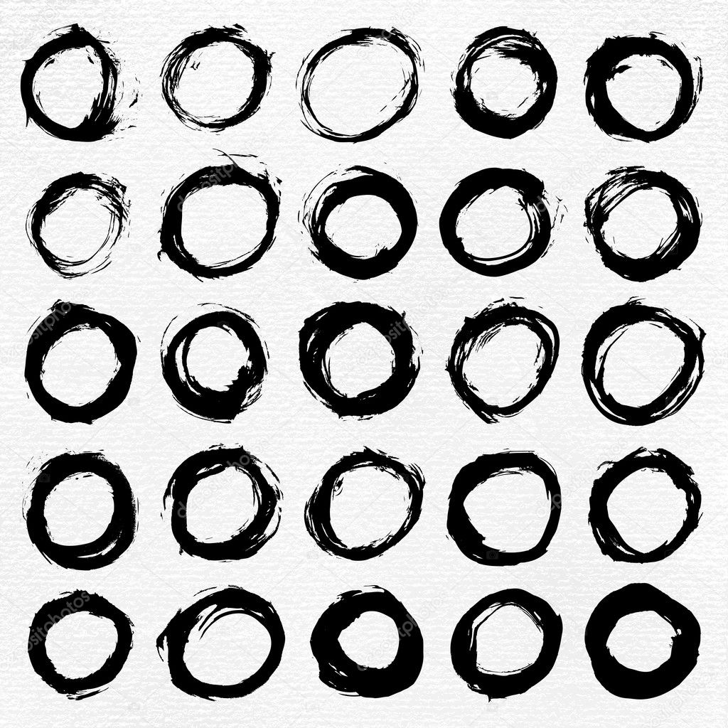 25 circle form black brush stroke. Drawing created in ink sketch handmade watercolour technique. Isolated aquarelle shapes on white background. Image of square format