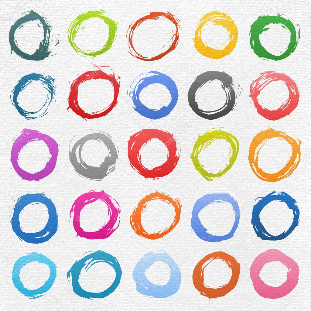 25 colore circle form brush stroke. Isolated aquarelle shapes on white background. Image of square format