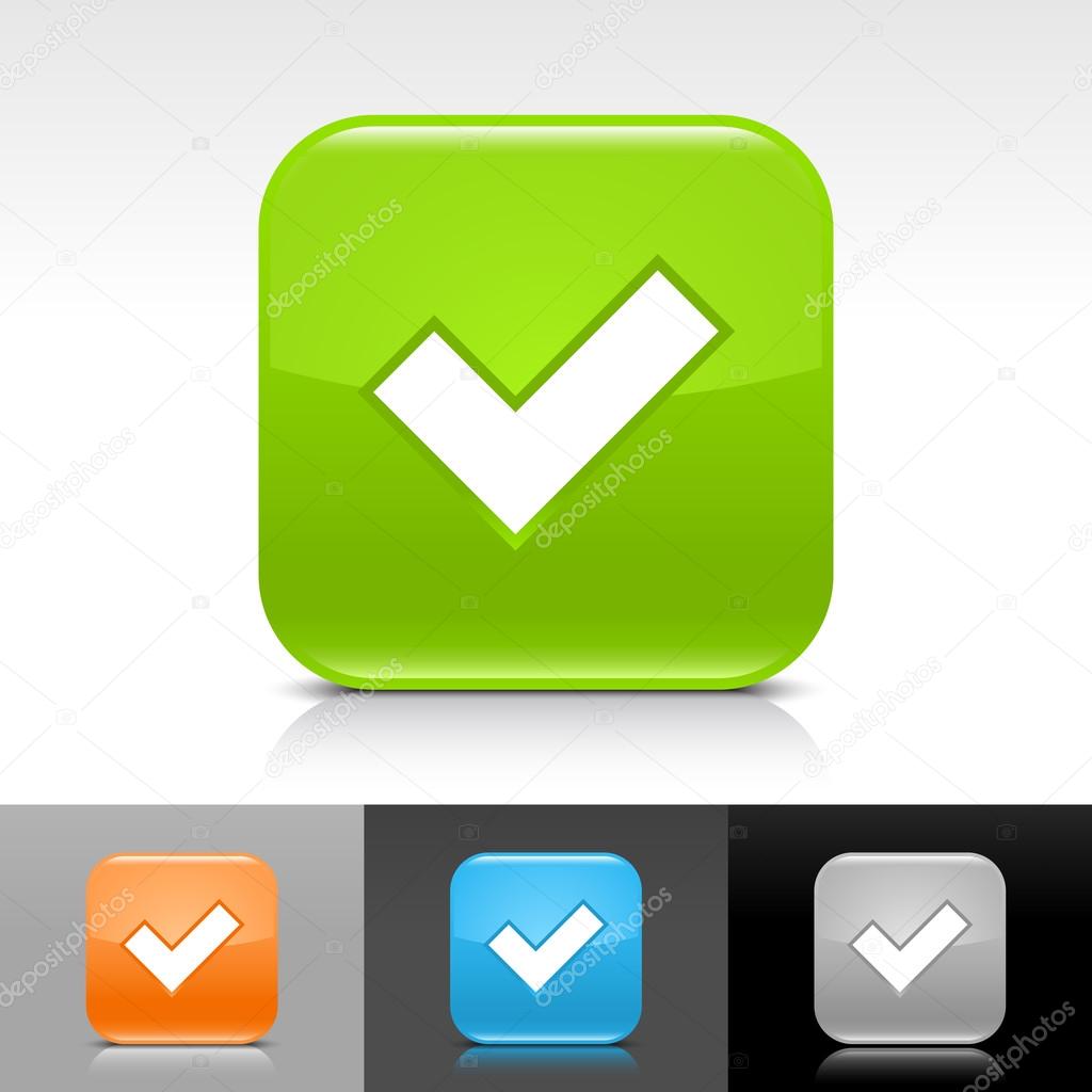 Green, orange,blue, gray glossy web button with black check mark sign.