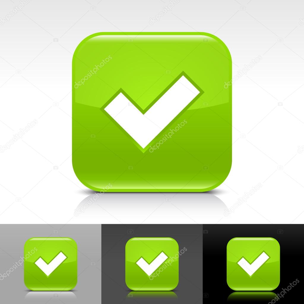 Green glossy web button with black check mark sign.