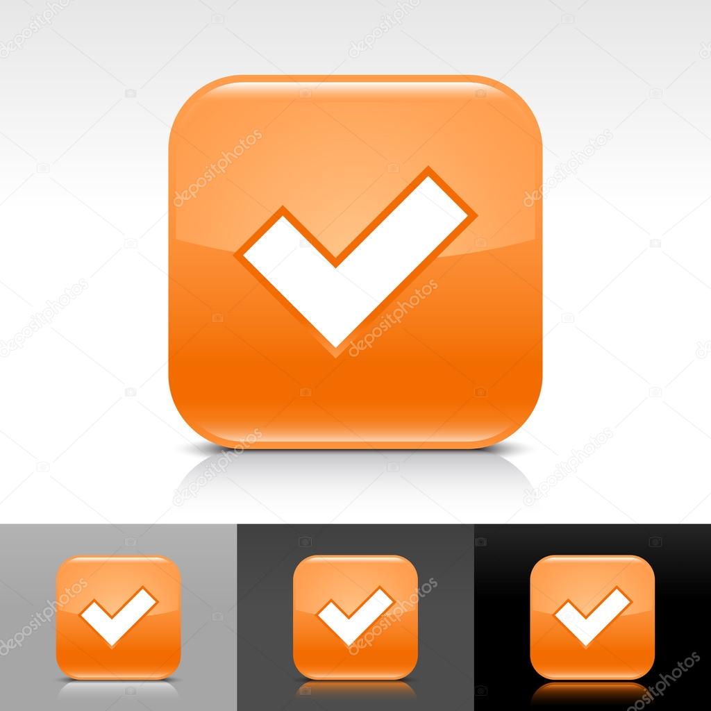 Orange glossy web button with black check mark sign.