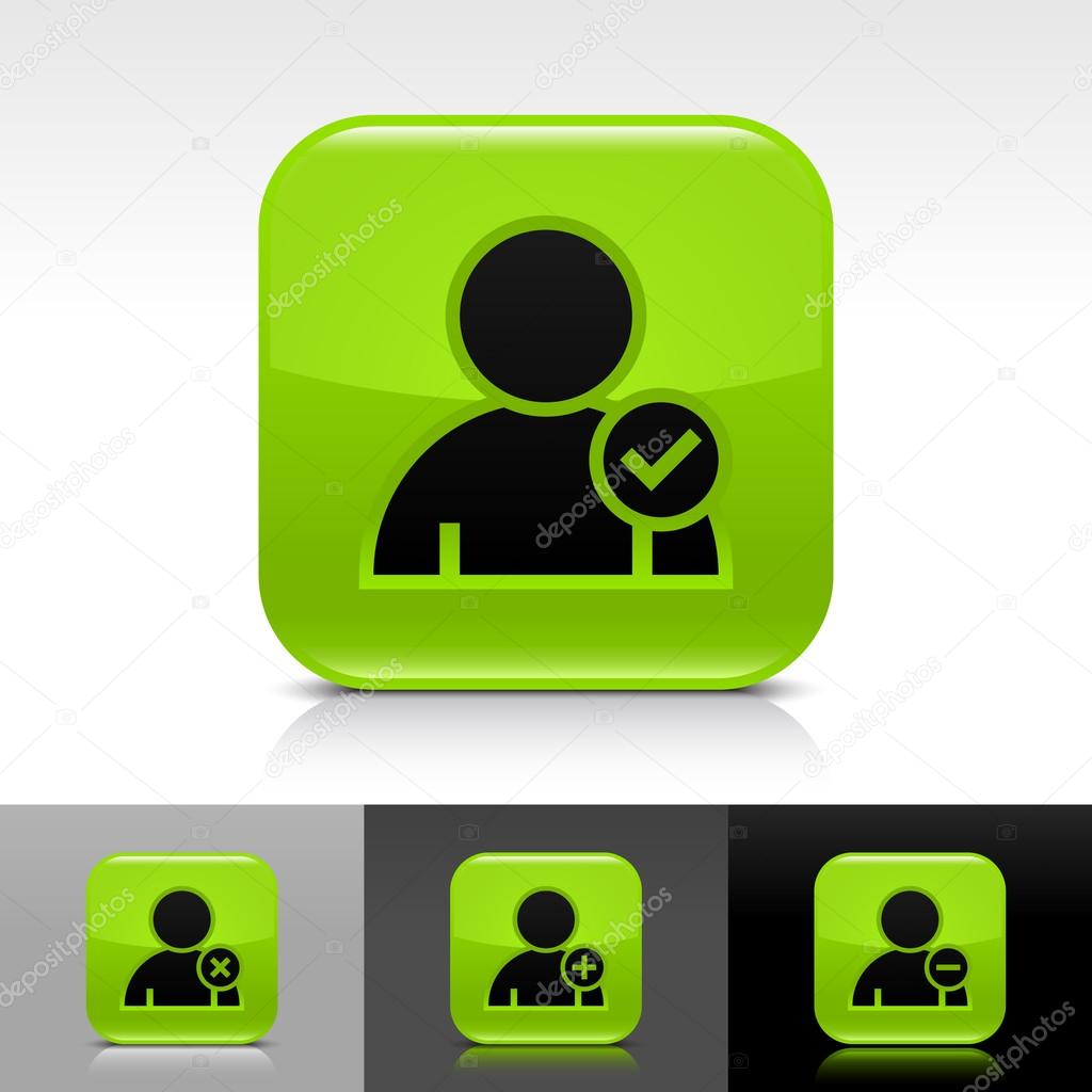 Green glossy web button with black user profile sign. Rounded square shape icon with reflection, shadow on white, gray, black backgrounds with check mark glyph