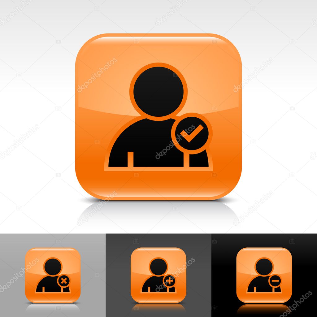 Orange glossy web button with black user profile sign. Rounded square shape icon with reflection, shadow on white, gray, black backgrounds with check mark glyph