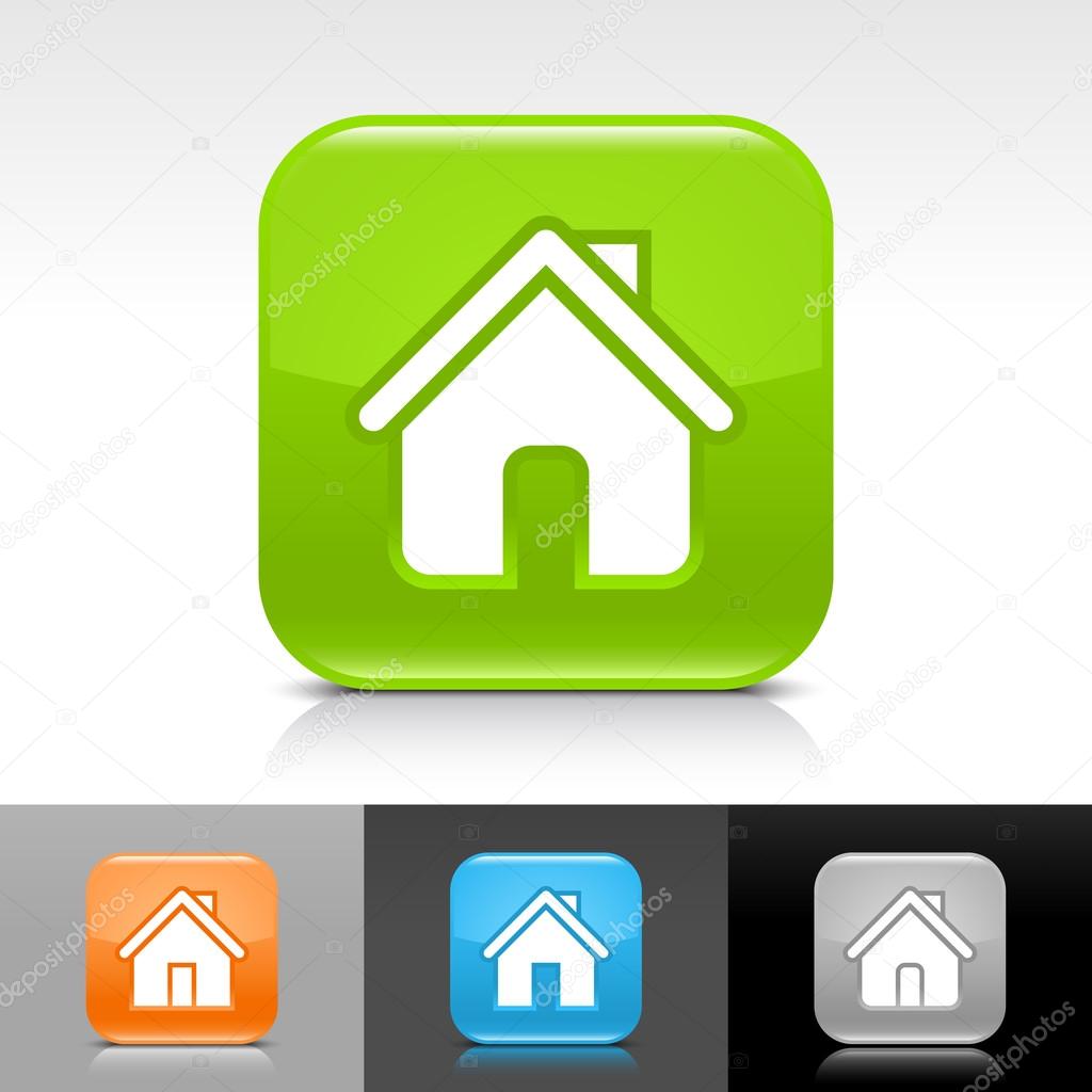 Blue, green,orange,gray glossy web internet button with white home icon web sign. Rounded square icon with shadow and reflection on four background