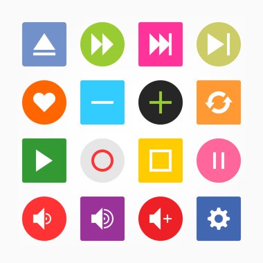 Media player denetim düğmesini UI simge seti. basit yuvarlak kare etiketi internet işareti gri arka plan. düz düz mono tek renk düz kiremit. yeni bir stil. çizimde web tasarım elements 8 eps vektör