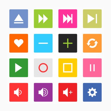 Media player control button ui icon set. Simple rounded square sticker internet sign gray background. Solid plain mono one-color flat tile. Newest style. Vector illustration web design elements 8 eps clipart