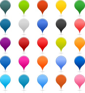 25 konum eşleme pimleri web harita simgesini işaret. popüler renklerde boyanmış boş düğme