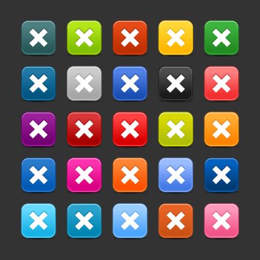 25 pürüzsüz satined web 2.0 düğmesi ile işaretini silin. renkli kare şekilleri gri arka plan üzerinde siyah gölge ile yuvarlanır. 8 eps kaydedilen bu vektör çizim