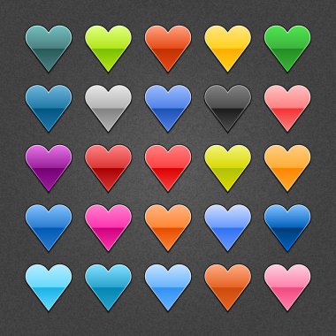 25 kalp işareti parlak web düğme. noise etkisi ile koyu gri arka plan üzerinde siyah gölge ile boş renk şekli. vektör çizimi eps 10.