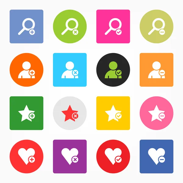 Loupe, user profile, star favorite, heart bookmark icon with plus, delete, check mark and minus sign. 16 popular circle and rounded square internet button. Vector illustration design element 8 eps — 스톡 벡터