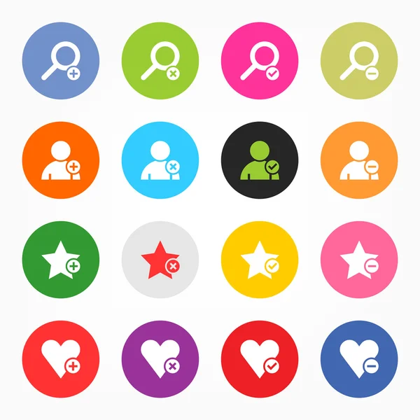 Loupe, user profile, star favorite, heart bookmark icon with plus, delete, check mark and minus sign. — Stock Vector