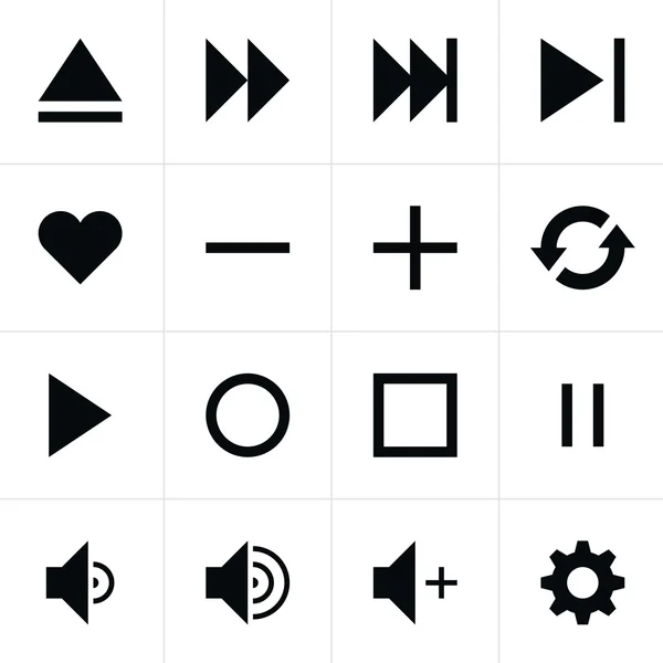 16 media player black pictogram control button sign set. Modern contemporary solid plain flat minimal style. Simple icon on white background. Vector illustration web design elements saved in 8 eps — 스톡 벡터