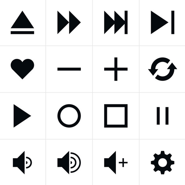 16 media player black pictogram control button sign set. Modern contemporary solid plain flat minimal style. Simple icon on white background. Vector illustration web design elements saved in 8 eps
