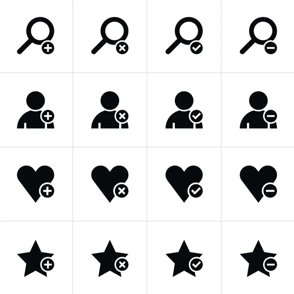 16 web pictogram set. Loupe, user, star, heart with plus, delete, check mark, minus sign. Simple black icon on white. Modern solid plain flat minimal style. Vector illustration design elements 8 eps — Stock Vector