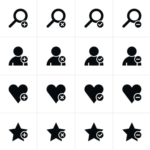 Pictogram set voor 16 websites. loupe, gebruiker, ster, hart met plus, verwijderen, vinkje, minteken. eenvoudige zwarte pictogram op wit. moderne solide gewoon plat minimalistische stijl. vector illustratie ontwerp elementen 8 eps — Stockvector