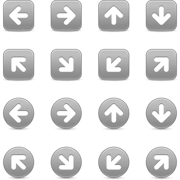 Botón de internet de escala gris con signo de flecha blanca. Formas redondas y cuadradas con sombra sobre fondo blanco. Esta ilustración vectorial guardada en 8 eps — Archivo Imágenes Vectoriales