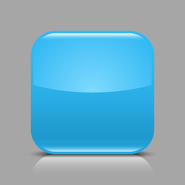 Blue glossy blank internet web button. Rounded square shape icon with black shadow and white reflection on light gray background. This vector illustration created and saved in 8 eps