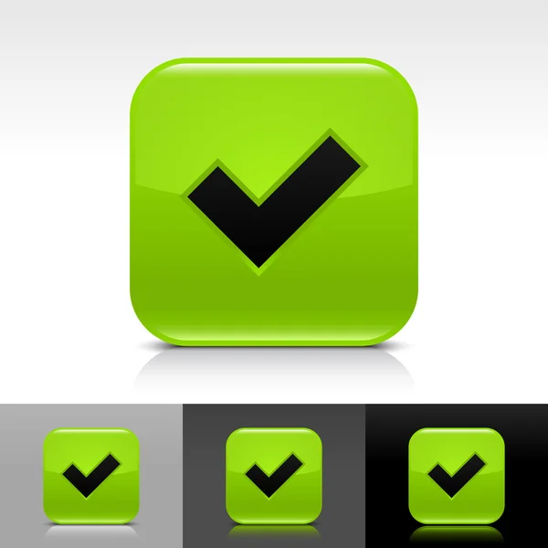 검정 확인 표시 기호가 있는 녹색 광택 웹 버튼. — 스톡 벡터