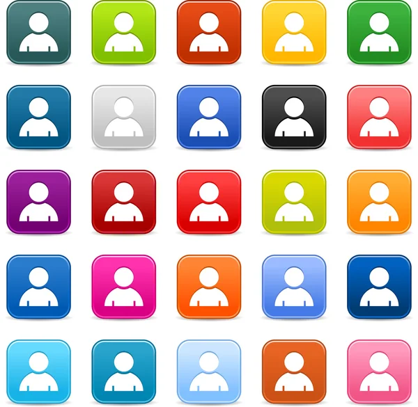 25 smooth satined web 2.0 button with user profile sign. Colored rounded square shapes with gray shadow on white background. This vector illustration saved in 8 eps Stock Vector