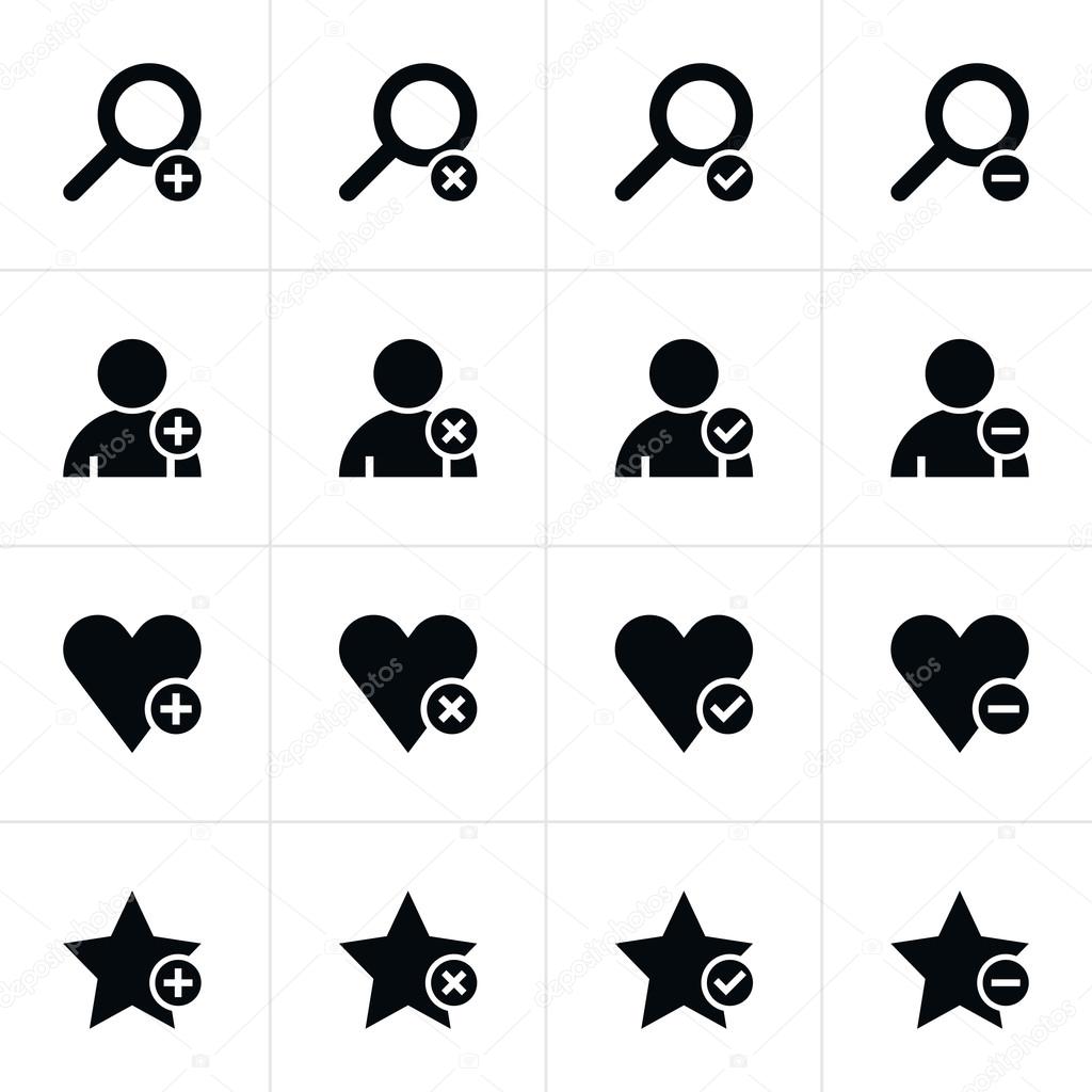 16 web pictogram set. Loupe, user, star, heart with plus, delete, check mark, minus sign. Simple black icon on white. Modern solid plain flat minimal style. Vector illustration design elements 8 eps
