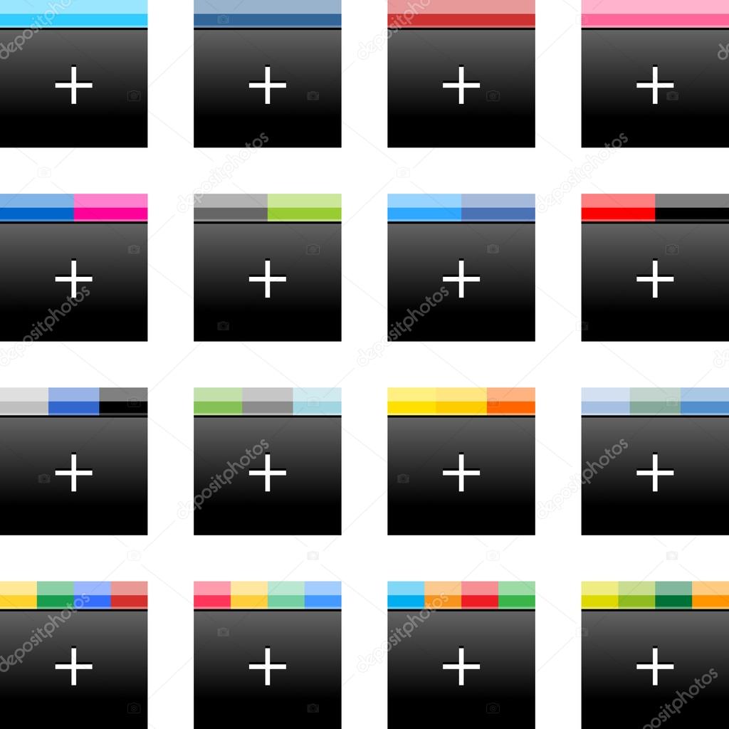 Simple popular social networks icon with plus sign. Black square shape internet button with popular colors striped lines on white background. Vector illustration web design elements saved in 10 eps