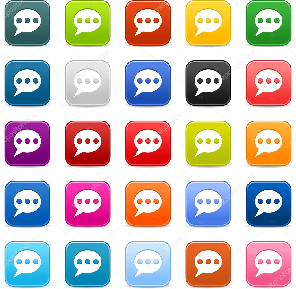25 smooth satined web 2.0 button with chat room sign. Colored rounded square shapes with gray shadow on white background. This vector illustration saved in 8 eps